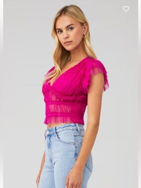 *NWOT* FREE PEOPLE | Hot Pink Make Me Smile Ruffle Tulle Sheer Crop Top